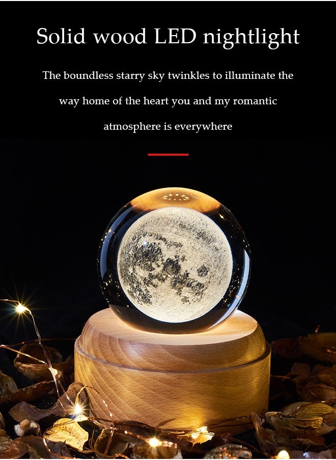 3D Moon Crystal Ball Night Light Wooden Base LED Moon Fantasy Crystal Night Light for Home Decoration Best Gift for Girlfriend Wife Mom Girl and Boy