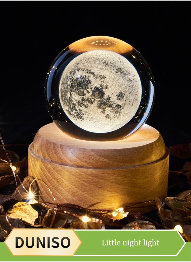 3D Moon Crystal Ball Night Light Wooden Base LED Moon Fantasy Crystal Night Light for Home Decoration Best Gift for Girlfriend Wife Mom Girl and Boy