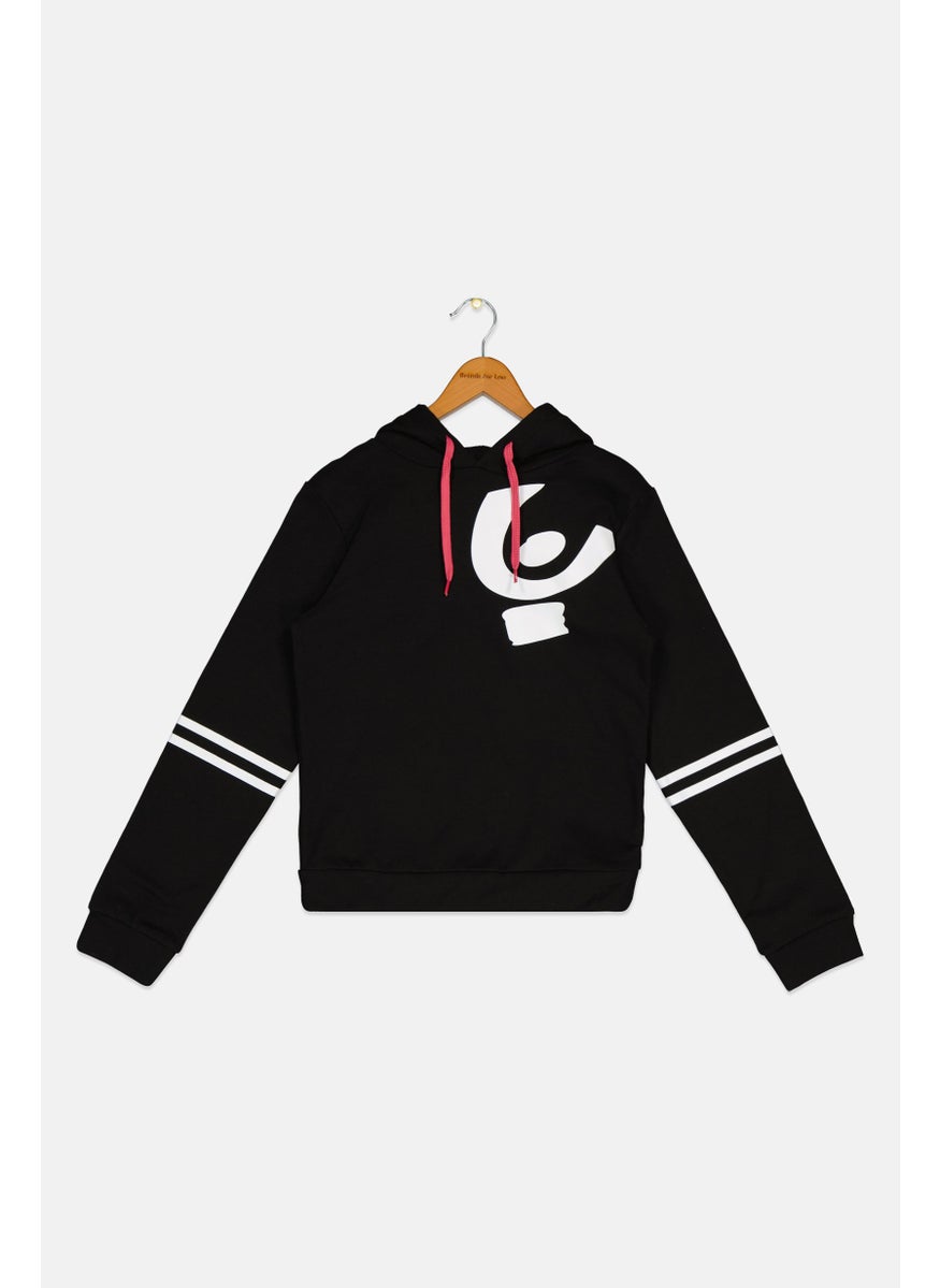 Kids Girl Brand Logo Long Sleeves Hooded Sweatshirt, Black