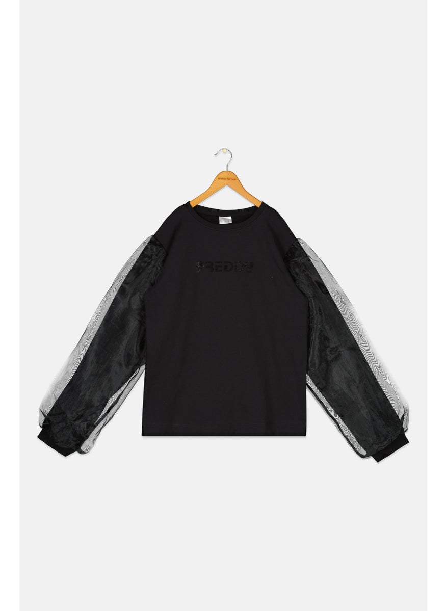 Kids Girl Crew Neck Long Sleeves Embellished Sweatshirt, Black