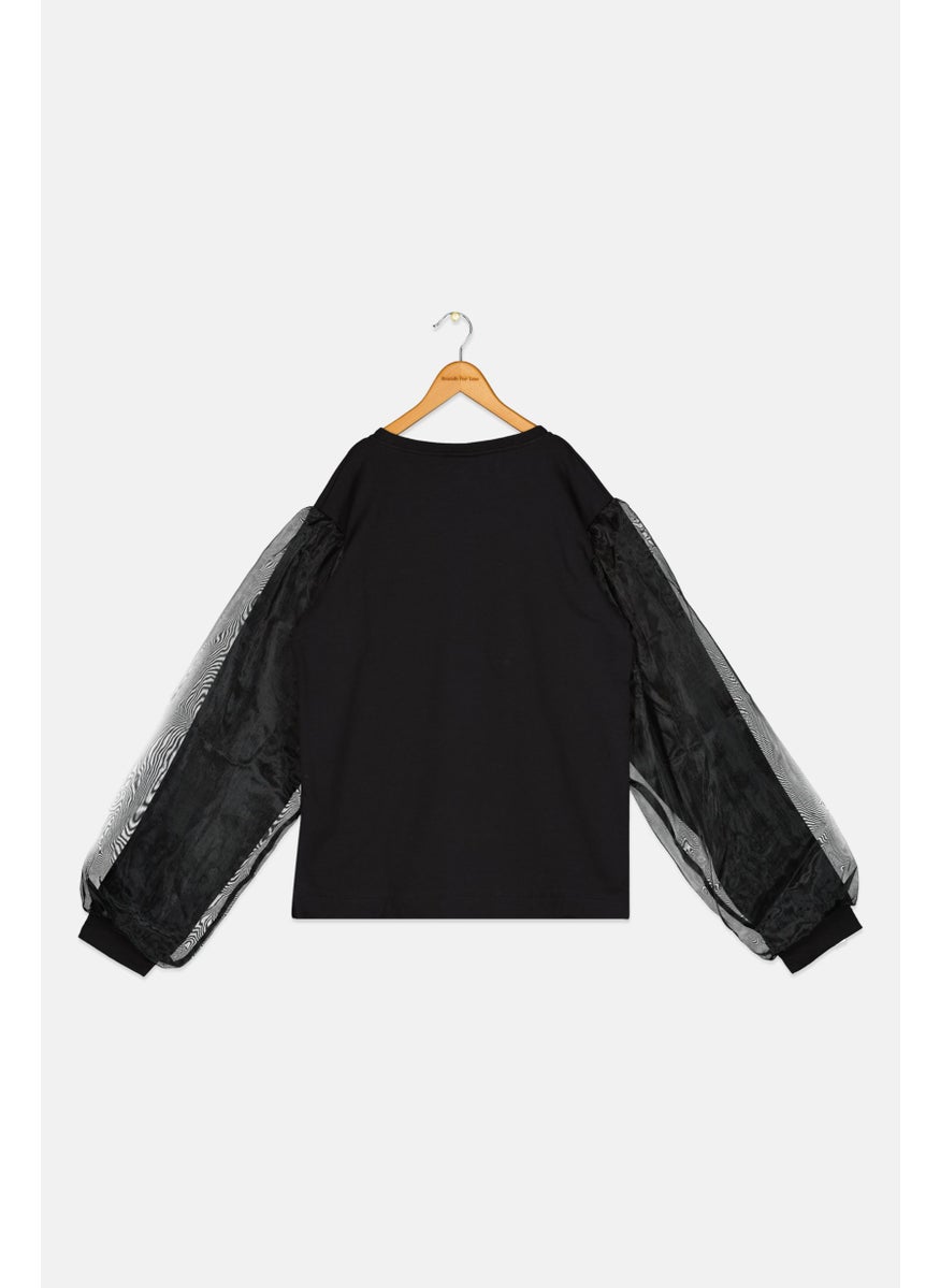 Kids Girl Crew Neck Long Sleeves Embellished Sweatshirt, Black