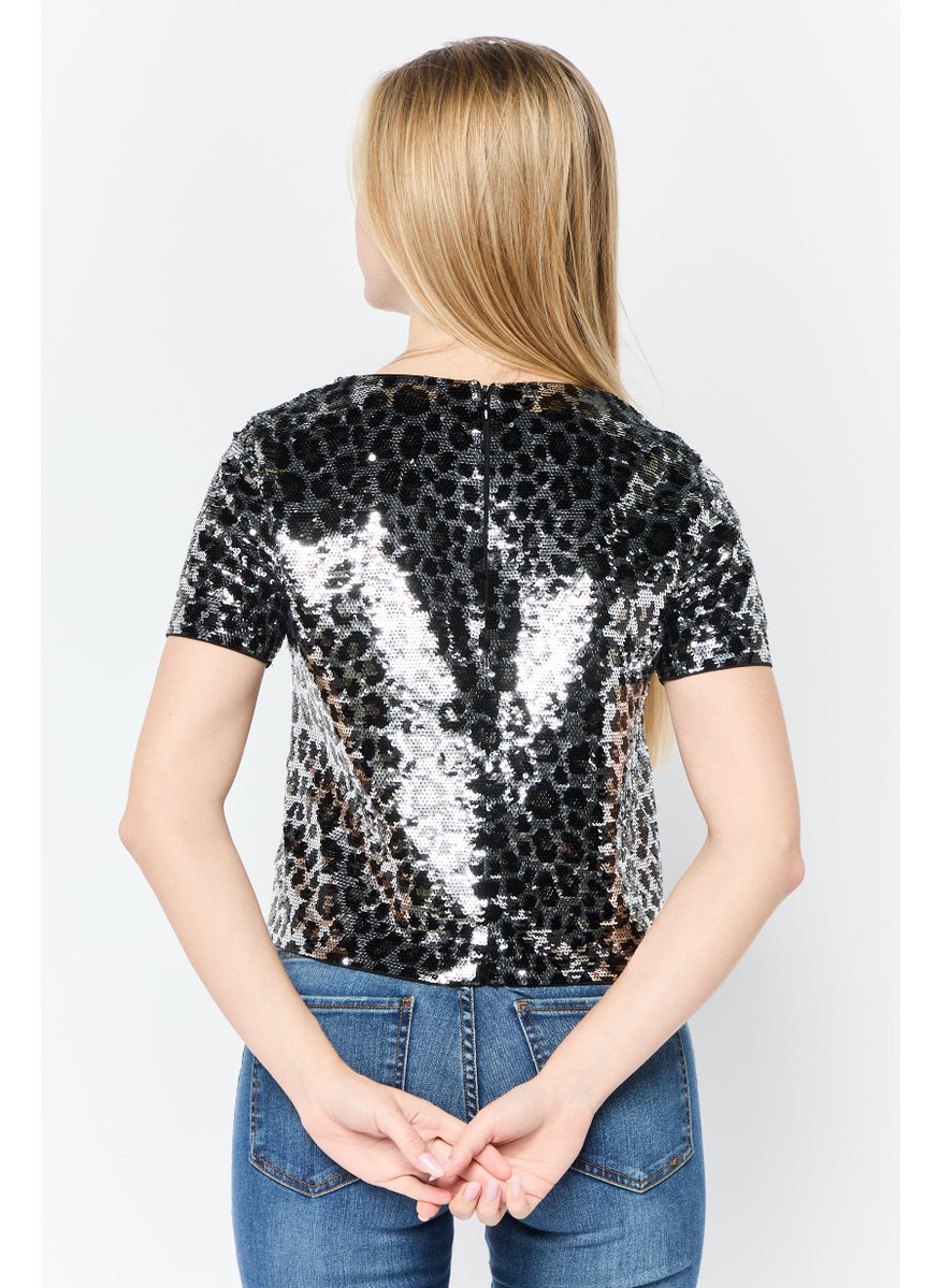 Women Round Neck Short Sleeves Sequins Top, Multicolor