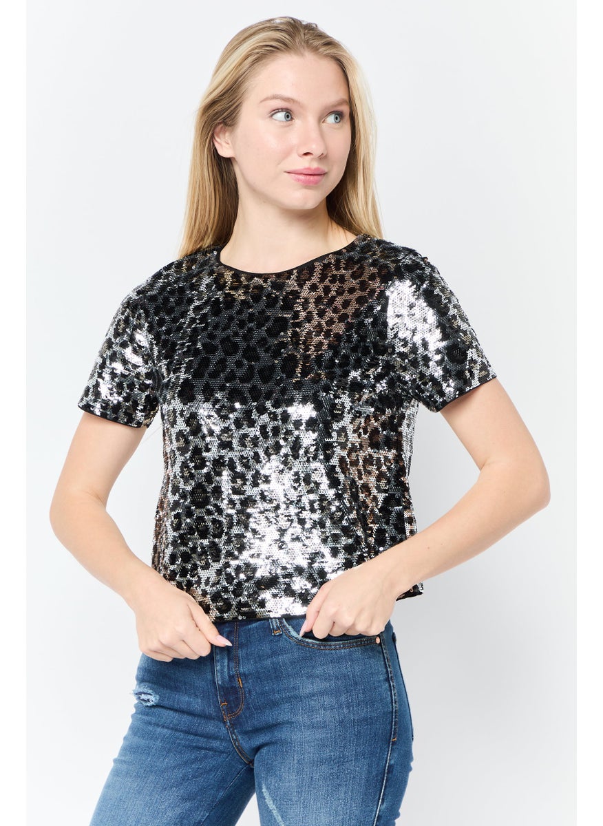 Women Round Neck Short Sleeves Sequins Top, Multicolor