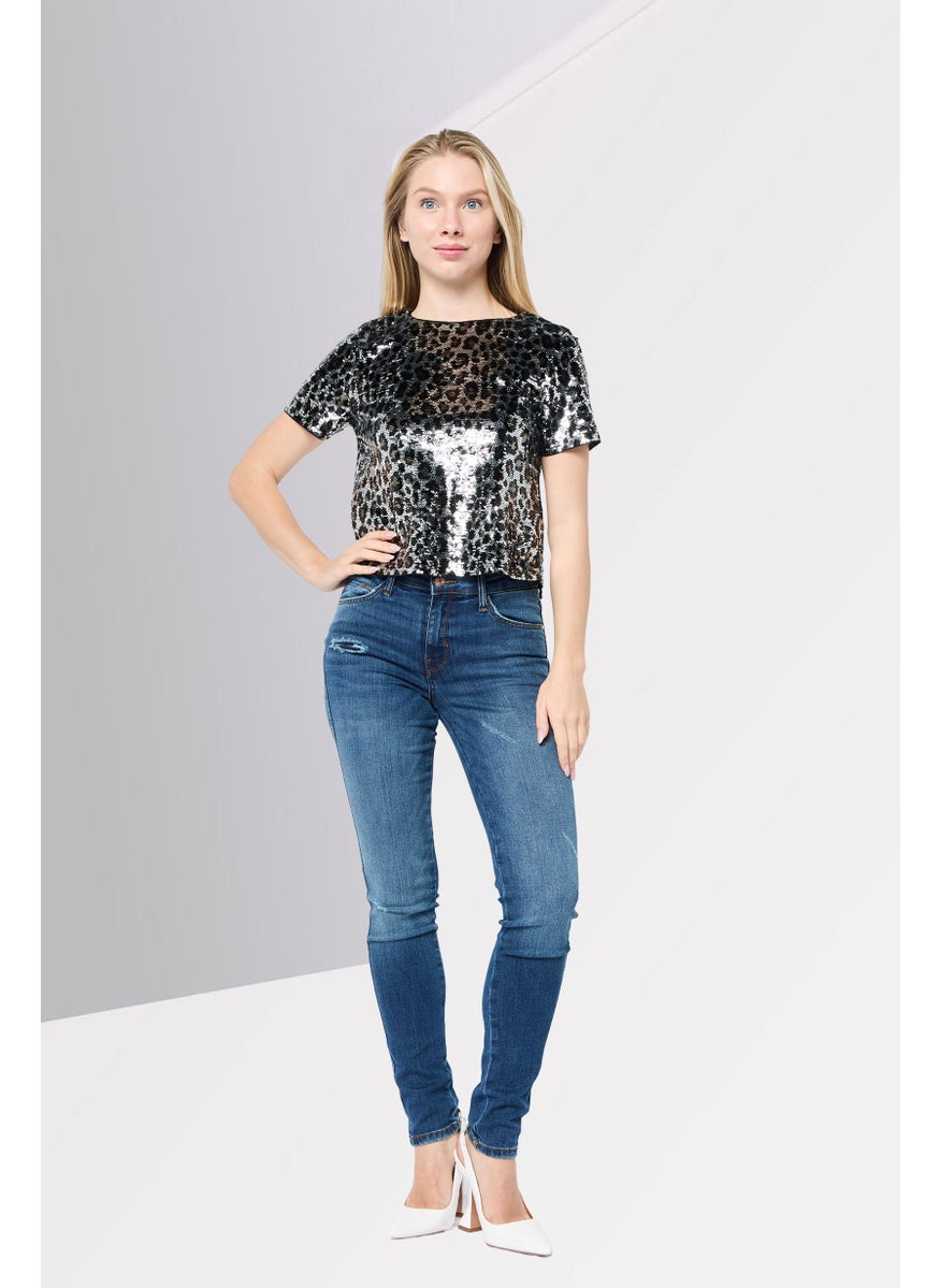 Women Round Neck Short Sleeves Sequins Top, Multicolor