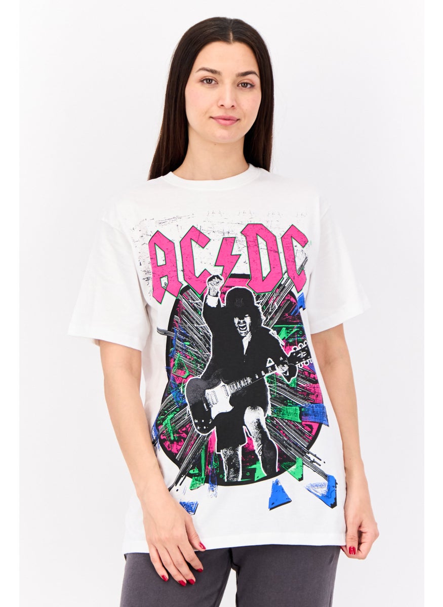Women Crew Neck Short Sleeves Graphic Print T-Shirt, White