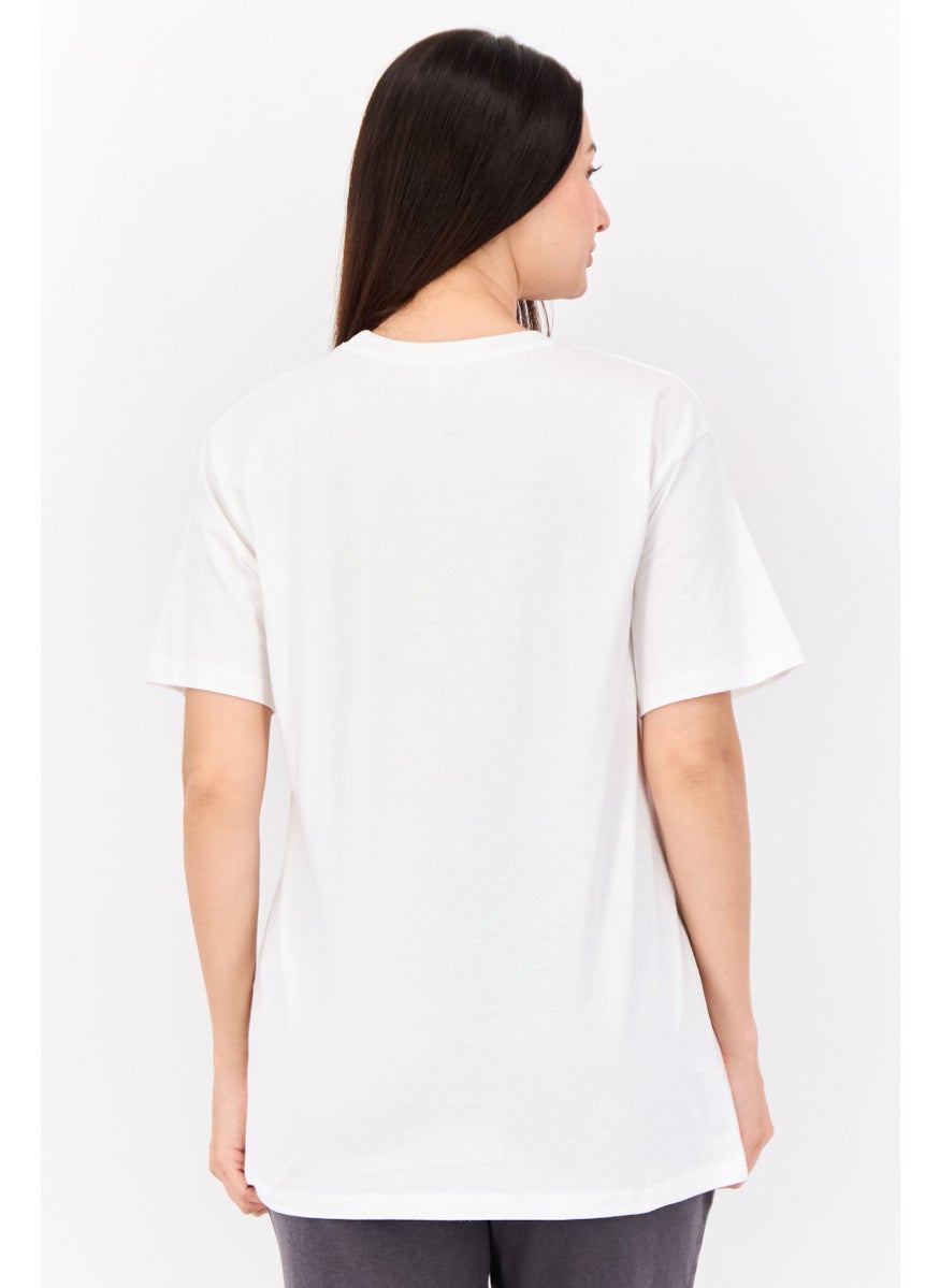Women Crew Neck Short Sleeves Graphic Print T-Shirt, White