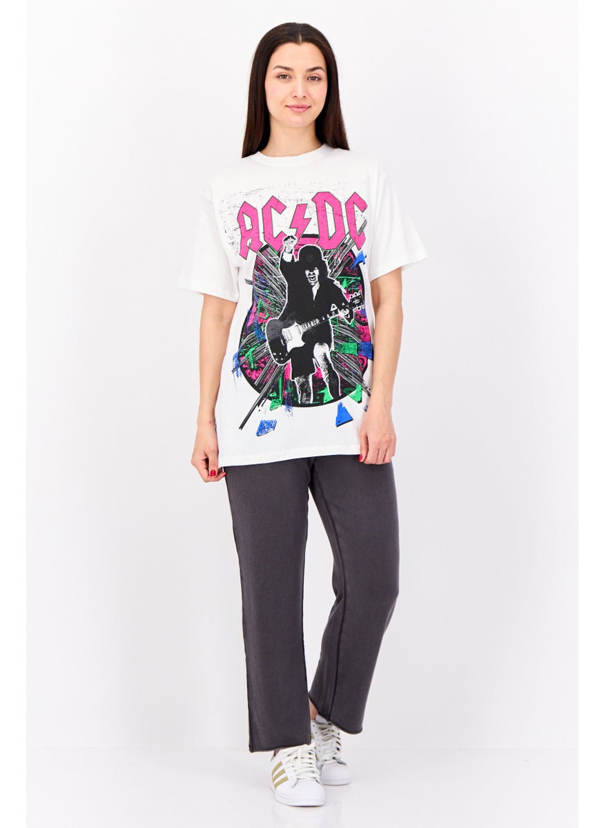 Women Crew Neck Short Sleeves Graphic Print T-Shirt, White