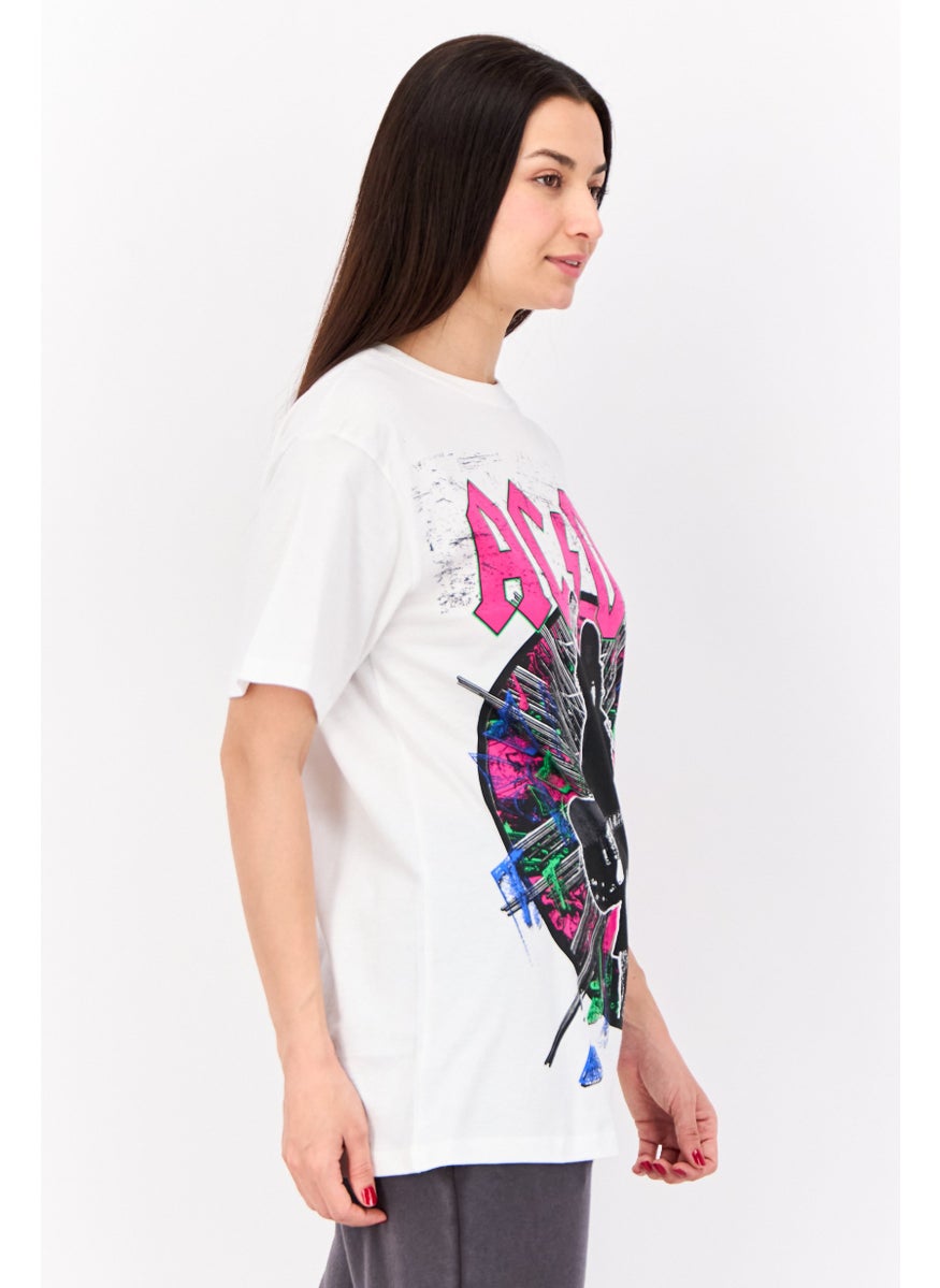 Women Crew Neck Short Sleeves Graphic Print T-Shirt, White