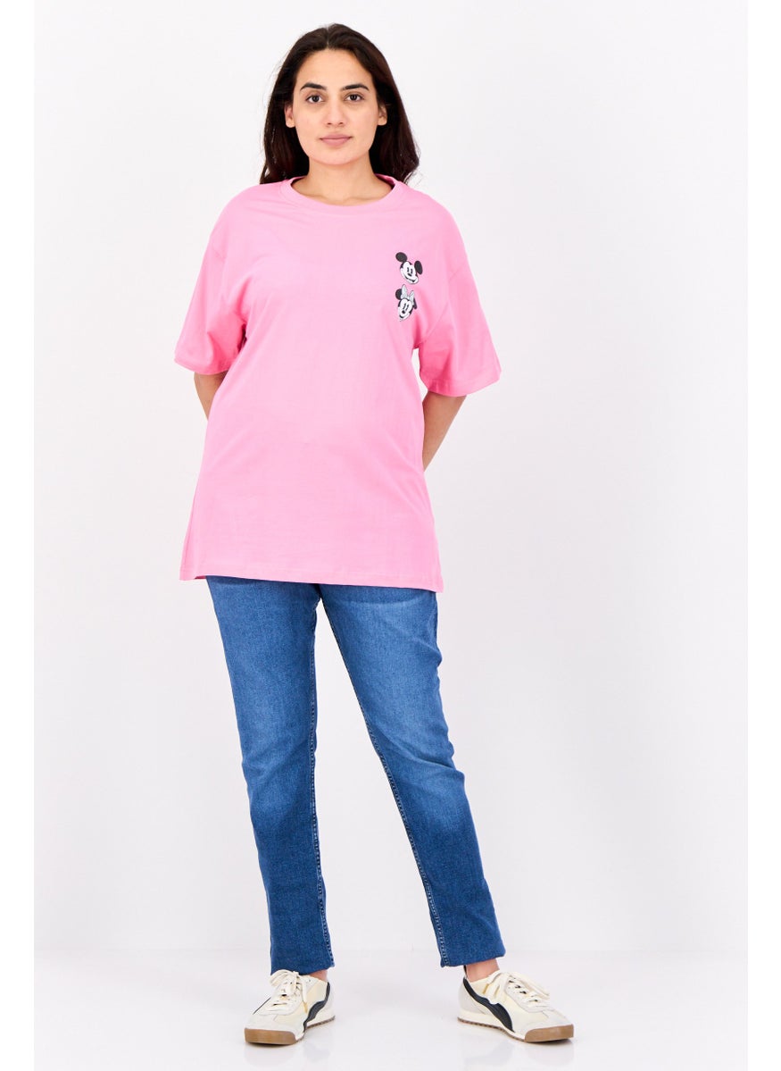 Women Crew Neck Short Sleeves Mickey And Mice Print T-Shirt, Pink