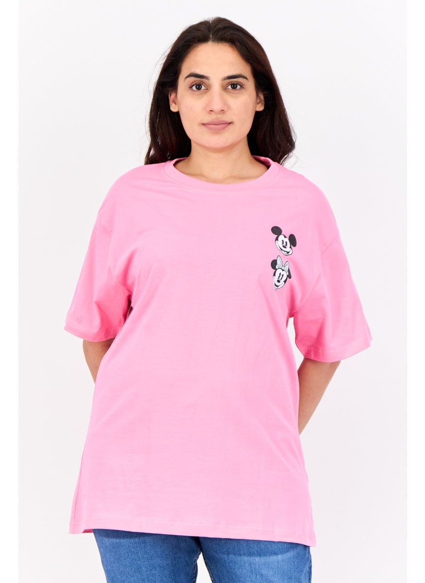 Women Crew Neck Short Sleeves Mickey And Mice Print T-Shirt, Pink