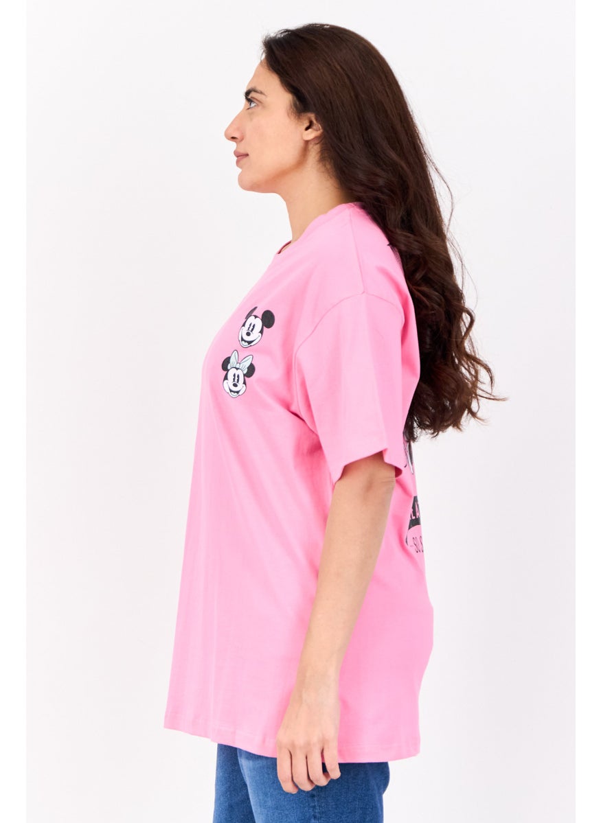 Women Crew Neck Short Sleeves Mickey And Mice Print T-Shirt, Pink