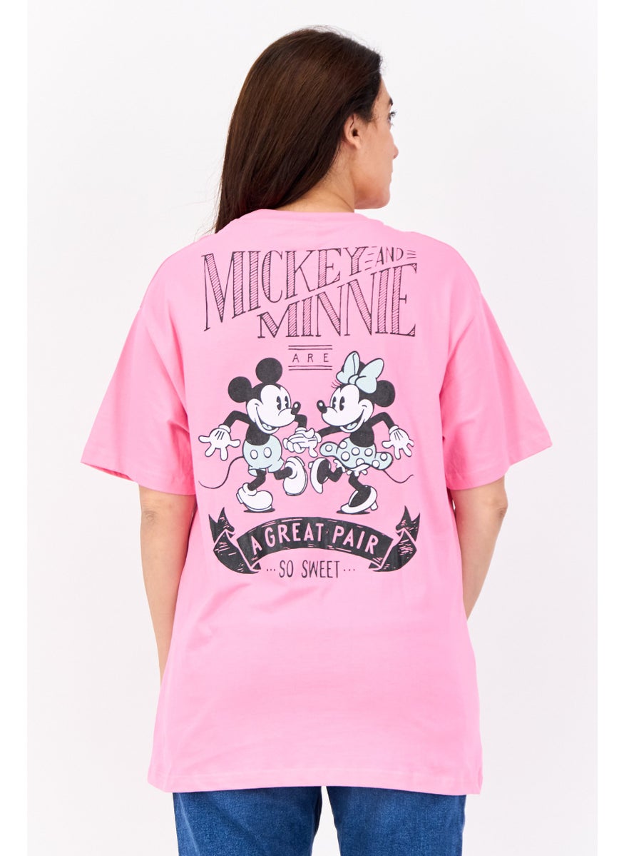 Women Crew Neck Short Sleeves Mickey And Mice Print T-Shirt, Pink