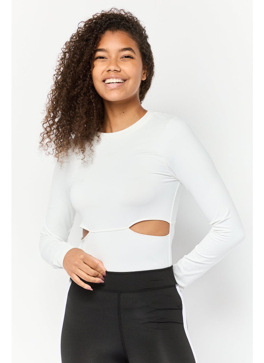 Women Sportswear Fit Long Sleeve Outdoor Bodysuits, Chalk White