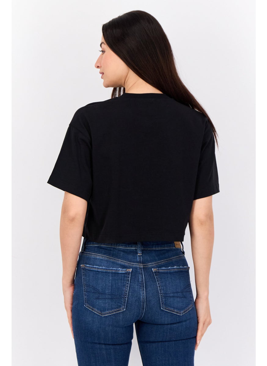 Women Crew Neck Short Sleeves Embroidered Cropped Tops, Black