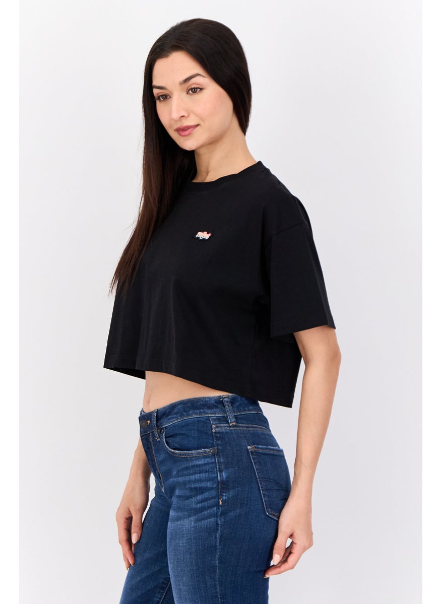 Women Crew Neck Short Sleeves Embroidered Cropped Tops, Black