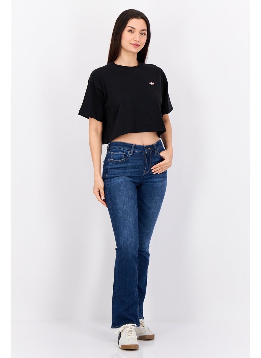 Women Crew Neck Short Sleeves Embroidered Cropped Tops, Black