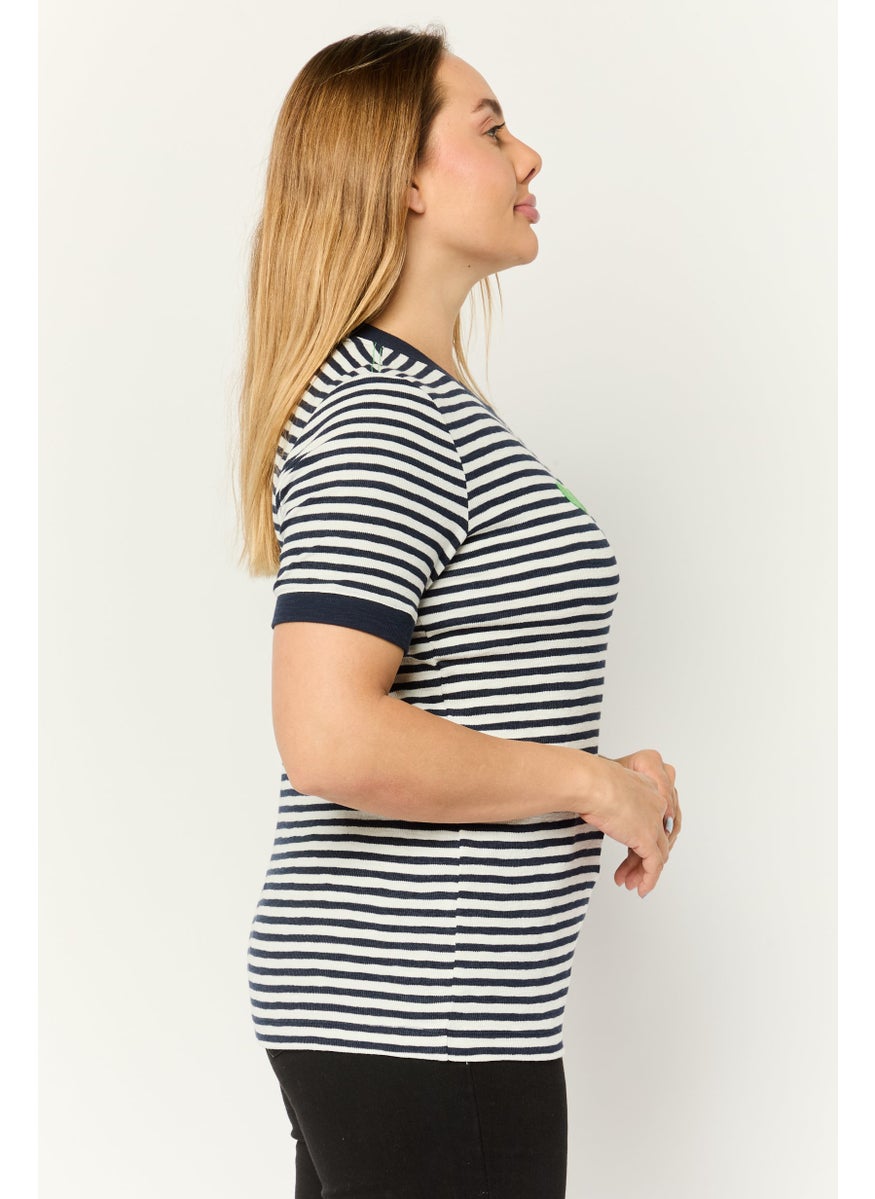 Women Crew Neck Short Sleeves Yarn Dye T-Shirt, MultiColor