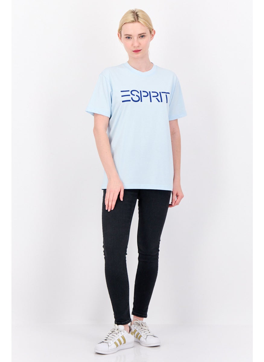 Women Crew Neck Brand Logo Short Sleeves T-shirt, Light Blue