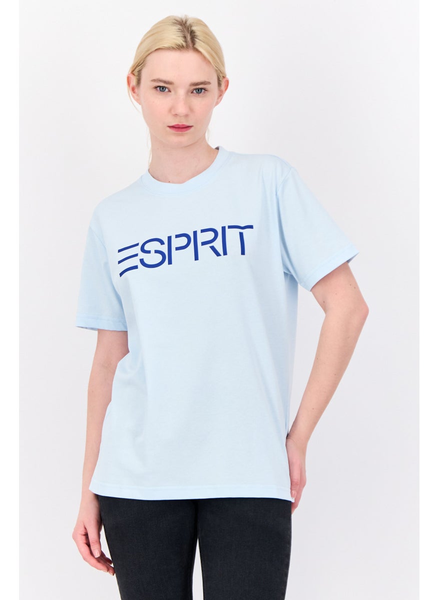 Women Crew Neck Brand Logo Short Sleeves T-shirt, Light Blue