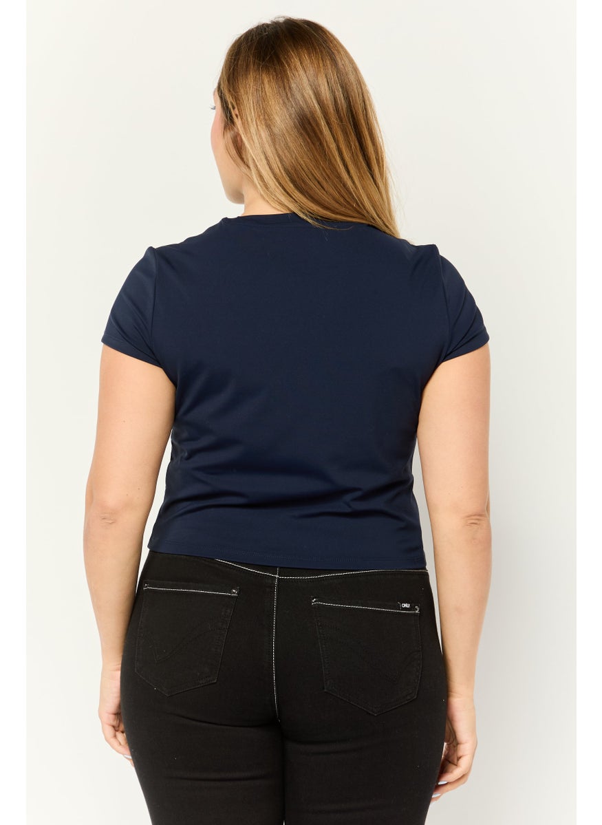 Women Round Neck Neck Short Sleeves Brand Logo Tops, Navy