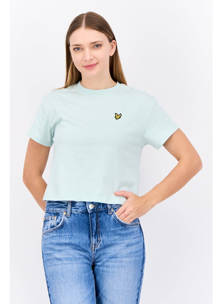 Women Crew Neck Short Sleeves Embroidered T-Shirt, Mint Green