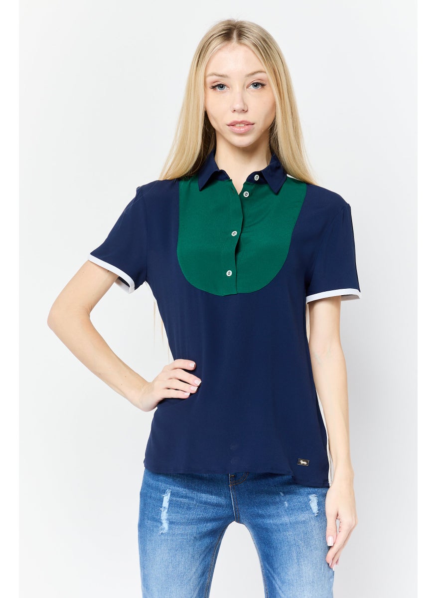 Women Spread Collar Short Sleeves Plain Polo Shirt, Navy Blue