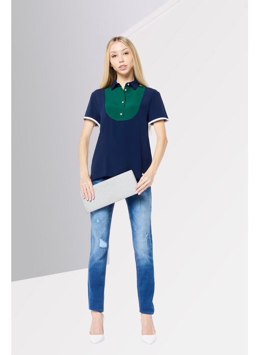 Women Spread Collar Short Sleeves Plain Polo Shirt, Navy Blue