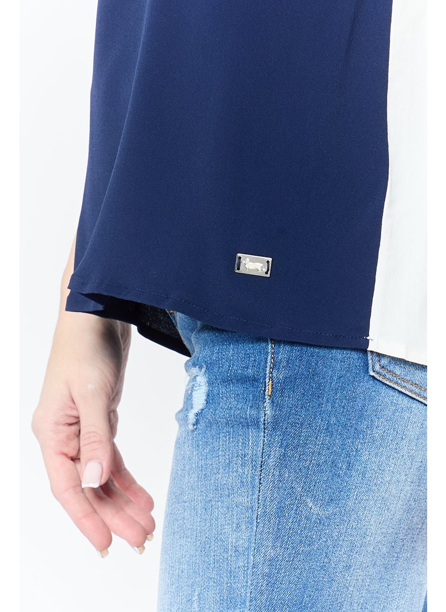 Women Spread Collar Short Sleeves Plain Polo Shirt, Navy Blue