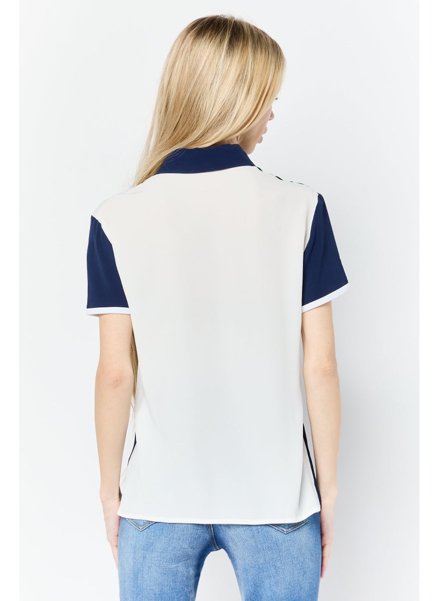 Women Spread Collar Short Sleeves Plain Polo Shirt, Navy Blue