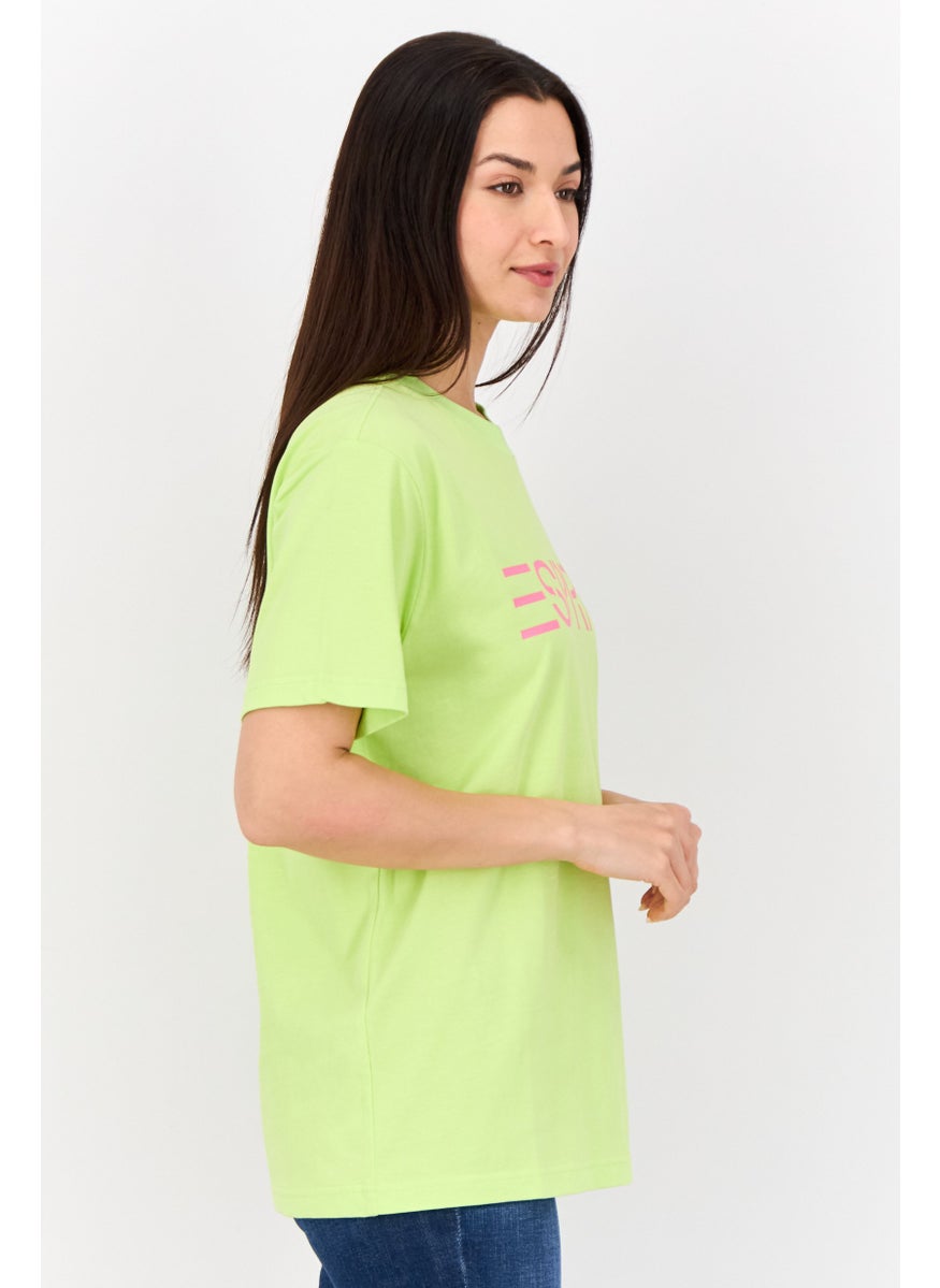 Women Crew Neck Short Sleeves Graphic Print T-Shirt, Lime Green