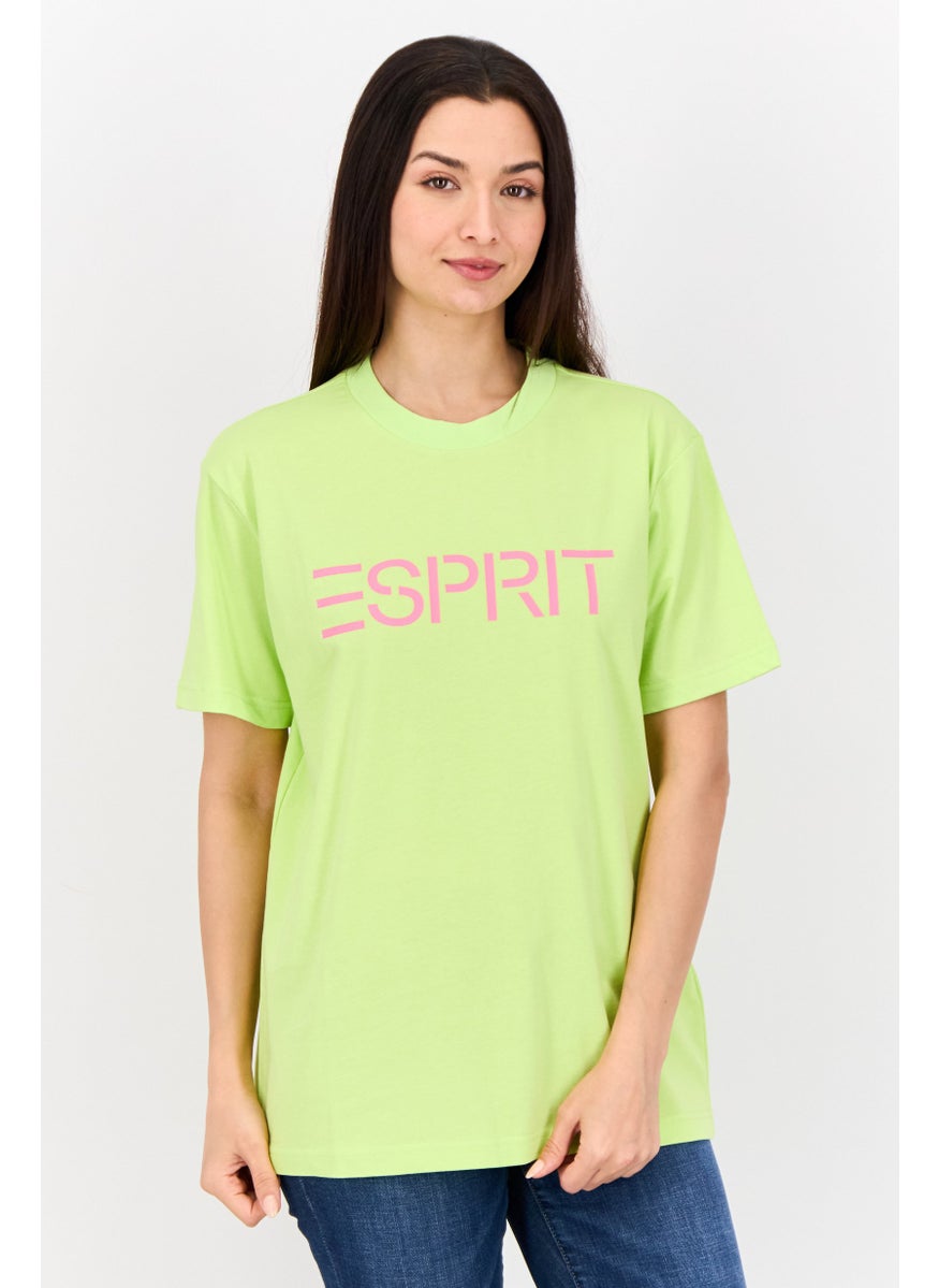 Women Crew Neck Short Sleeves Graphic Print T-Shirt, Lime Green