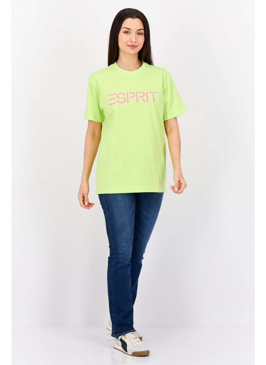 Women Crew Neck Short Sleeves Graphic Print T-Shirt, Lime Green