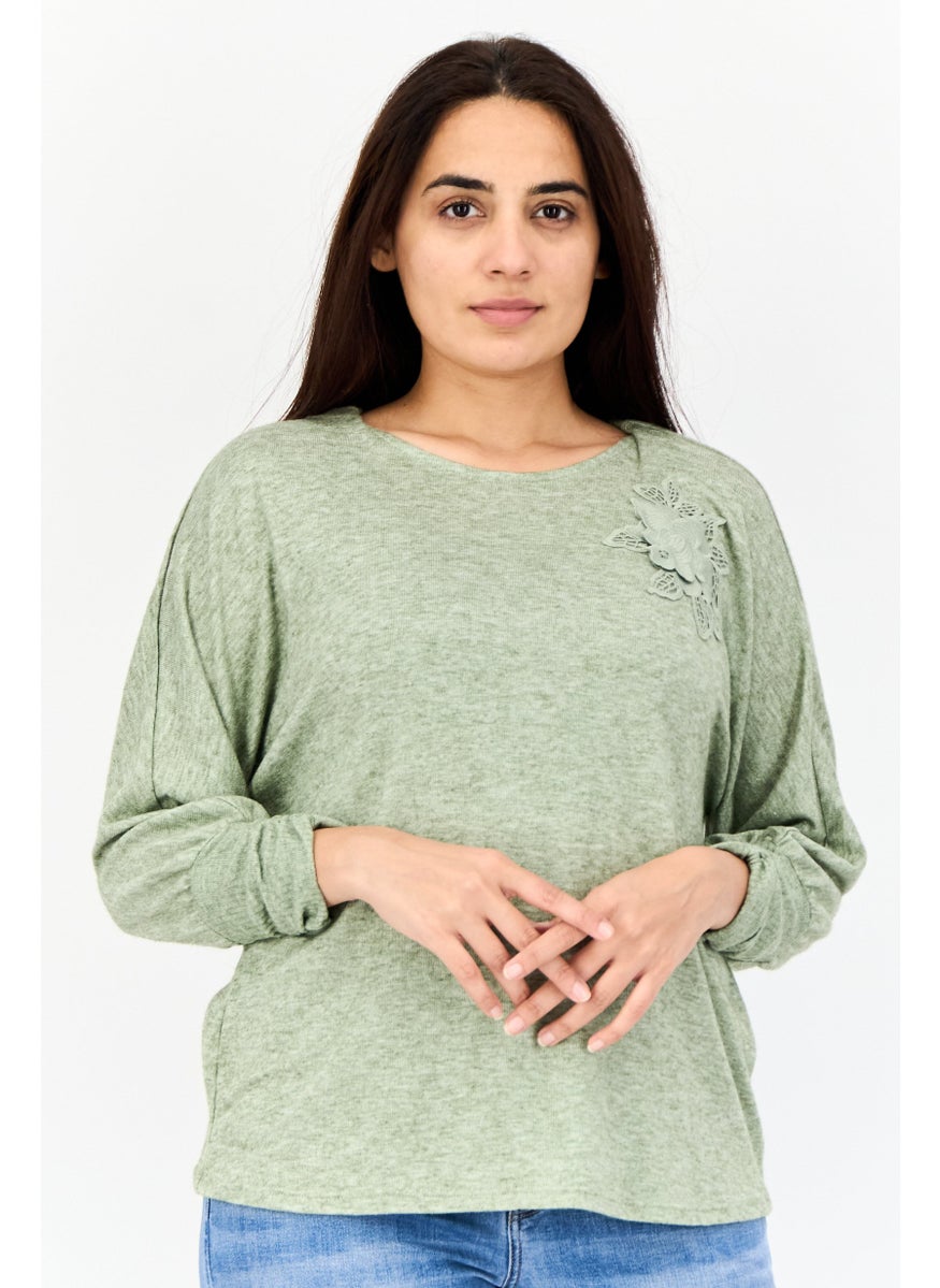 Women Round Neck Long Sleeves Heather Top, Olive