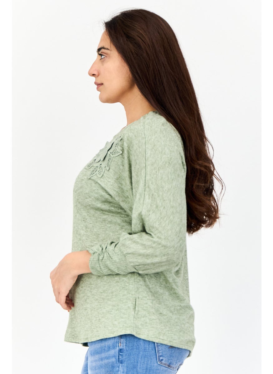Women Round Neck Long Sleeves Heather Top, Olive