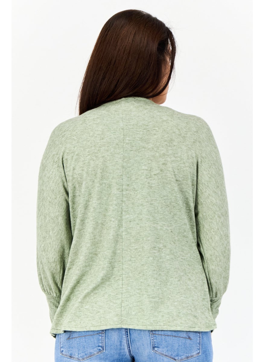 Women Round Neck Long Sleeves Heather Top, Olive