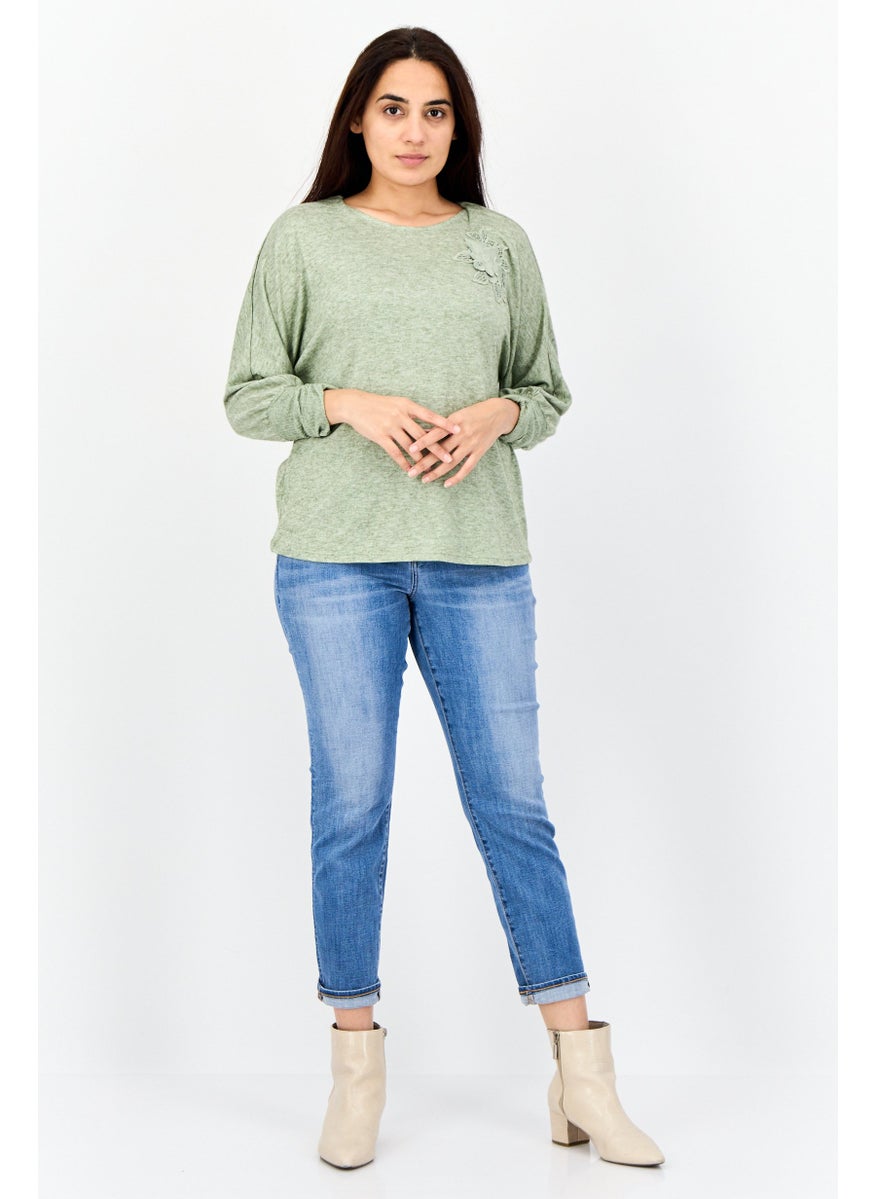 Women Round Neck Long Sleeves Heather Top, Olive