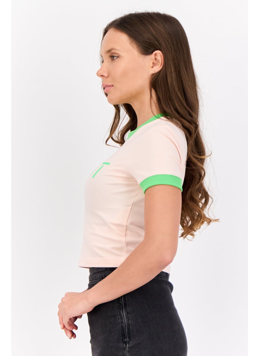 Women Crew Neck Short Sleeve Brand Logo Cropped Tops, Peach