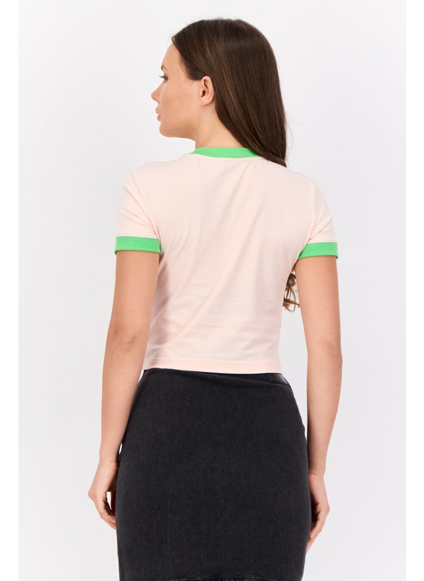 Women Crew Neck Short Sleeve Brand Logo Cropped Tops, Peach