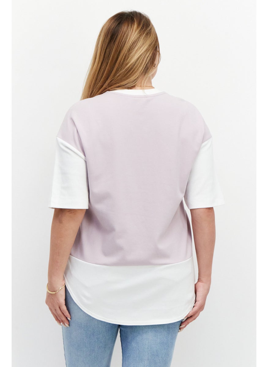 Women Round Neck Short Sleeve Two-Toned T-Shirt, White/Lavender