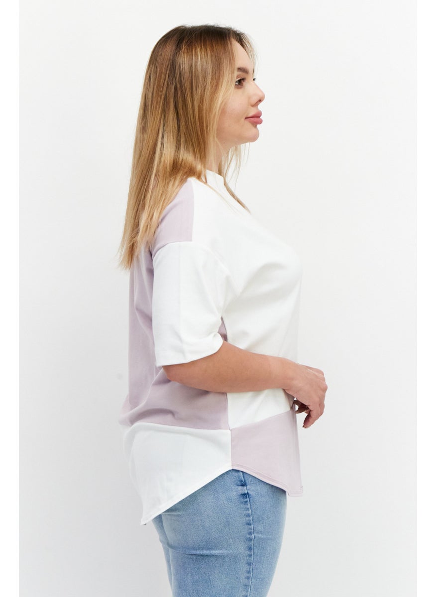 Women Round Neck Short Sleeve Two-Toned T-Shirt, White/Lavender