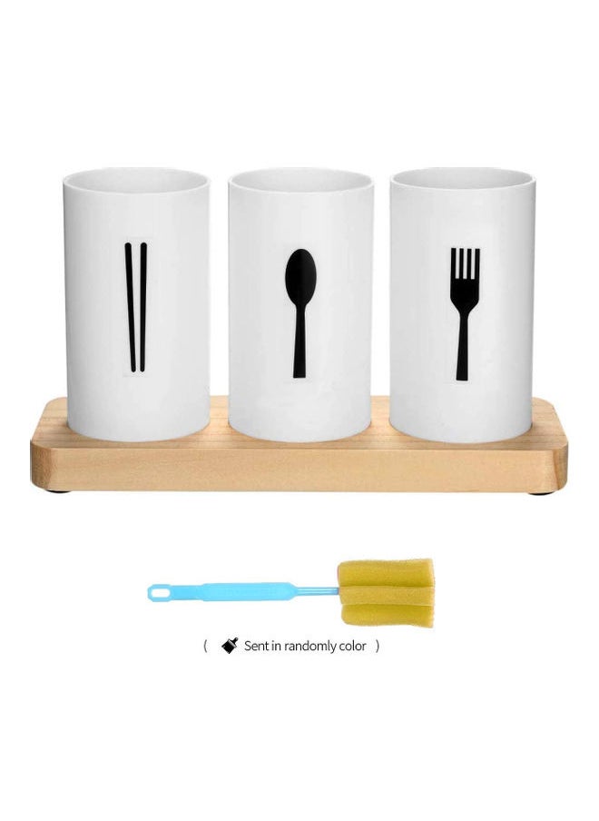 4-Piece Flatware Caddy With Cleaning Brush White/Beige/Black 23.5x8.5x13cm