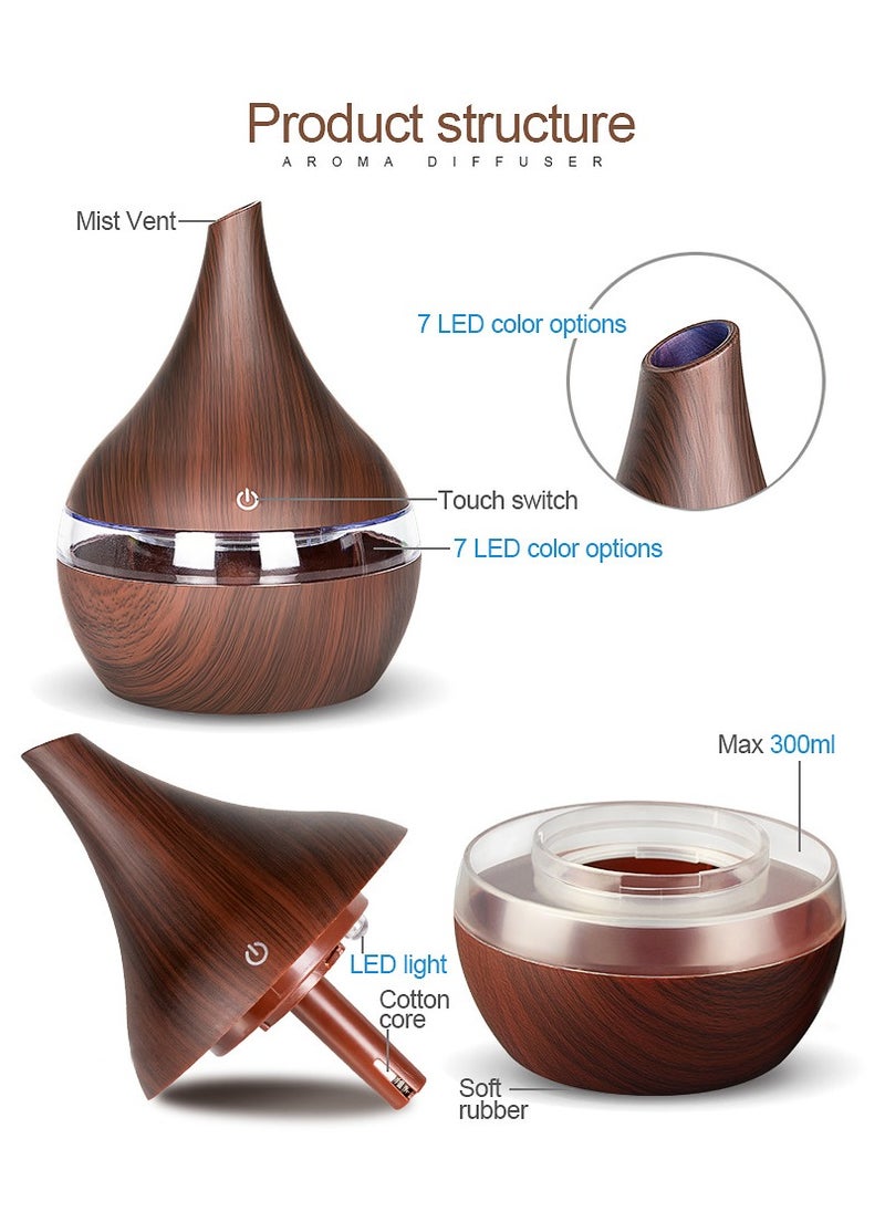 USB Air Humidifier u0026 Aroma Diffuser - 300ml Large Mist Quiet Bedroom Office Desktop, Wood Grain Design with Night Light, Essential Oil Air Purifier