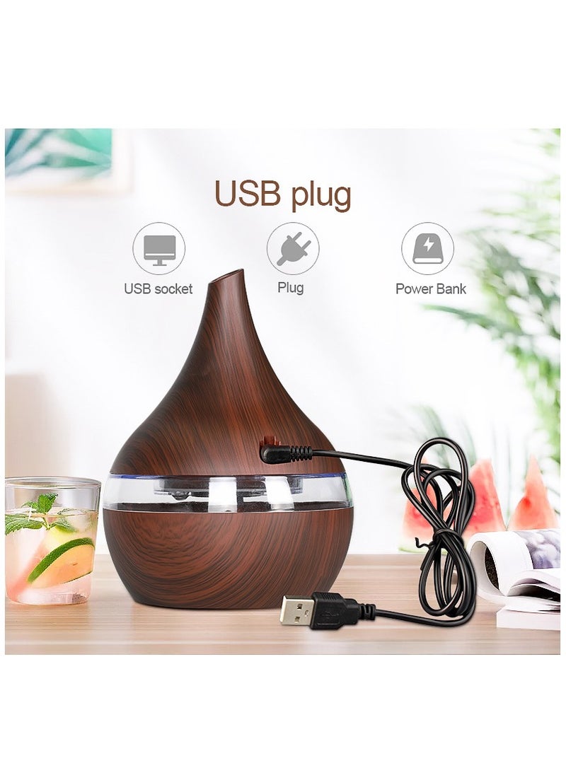 USB Air Humidifier u0026 Aroma Diffuser - 300ml Large Mist Quiet Bedroom Office Desktop, Wood Grain Design with Night Light, Essential Oil Air Purifier