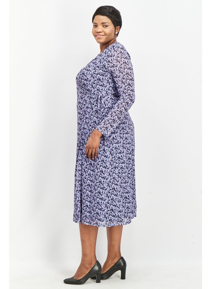 Women Floral Print Overlap Midi Dress, Purple