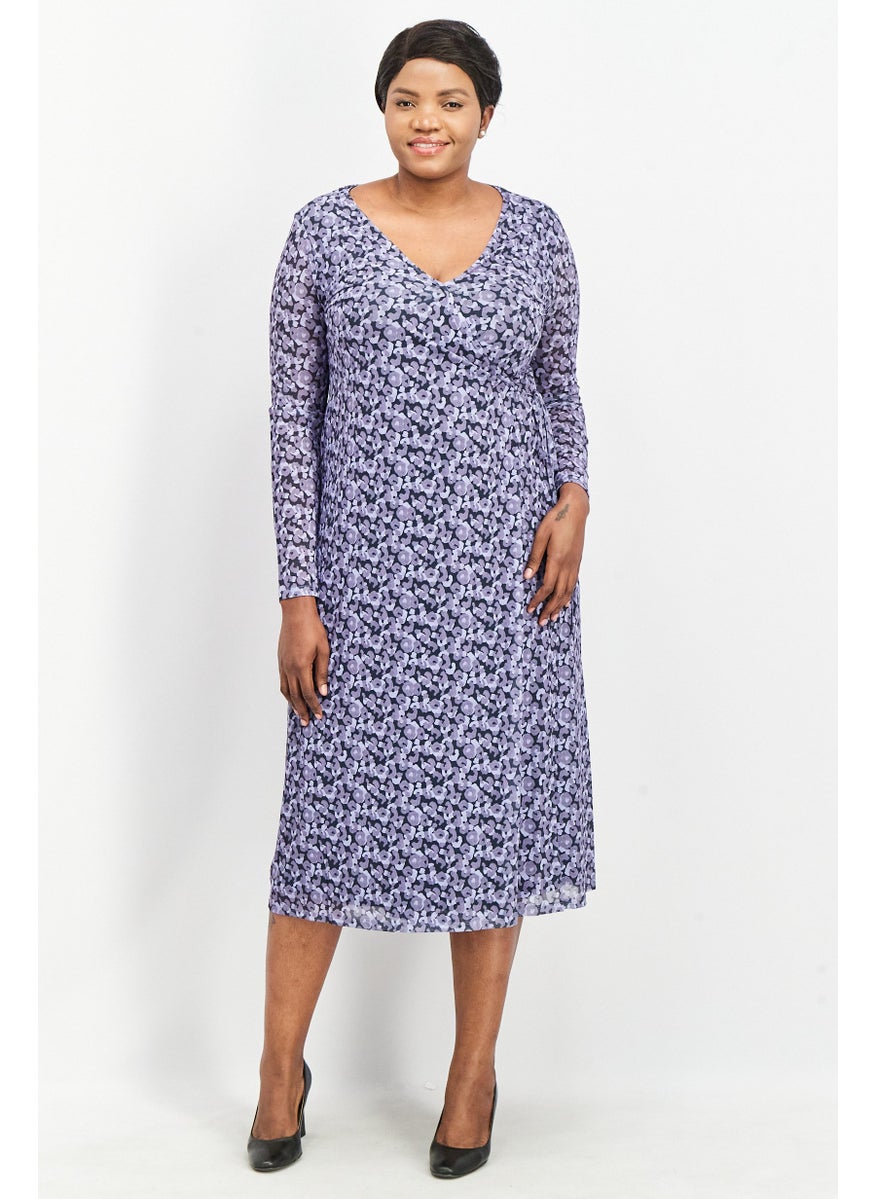 Women Floral Print Overlap Midi Dress, Purple