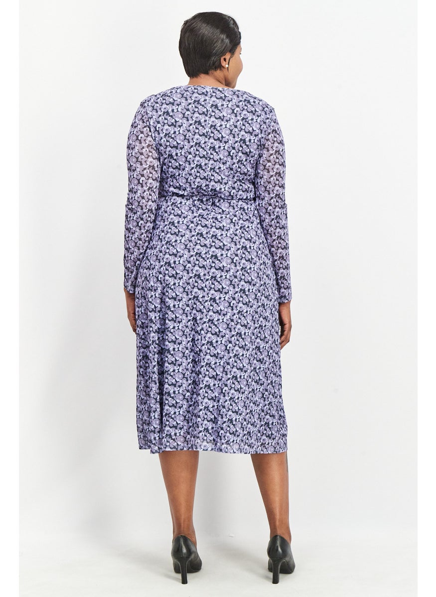 Women Floral Print Overlap Midi Dress, Purple