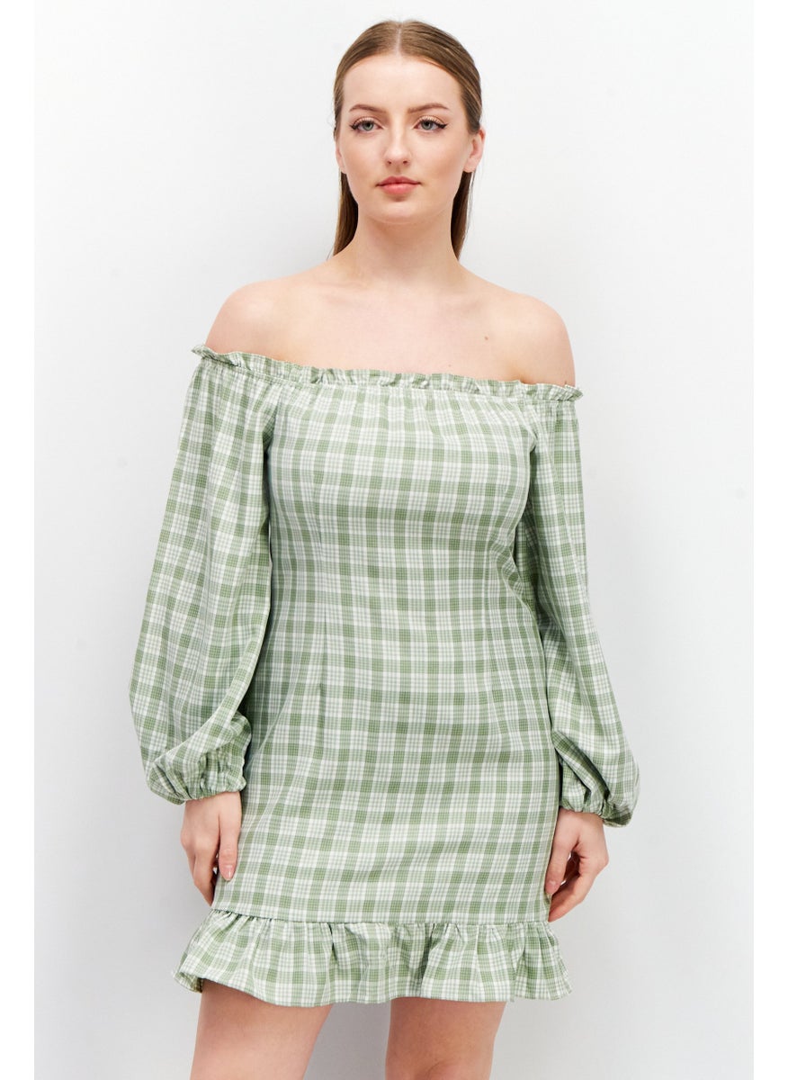 Women Checkered Mini Casual Dress, Sage