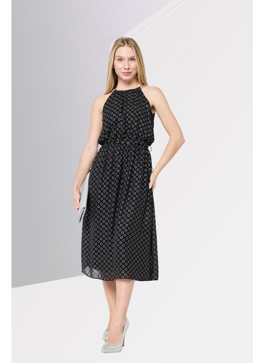 Women Polka Dots Chiffon Dress, Black/Silver