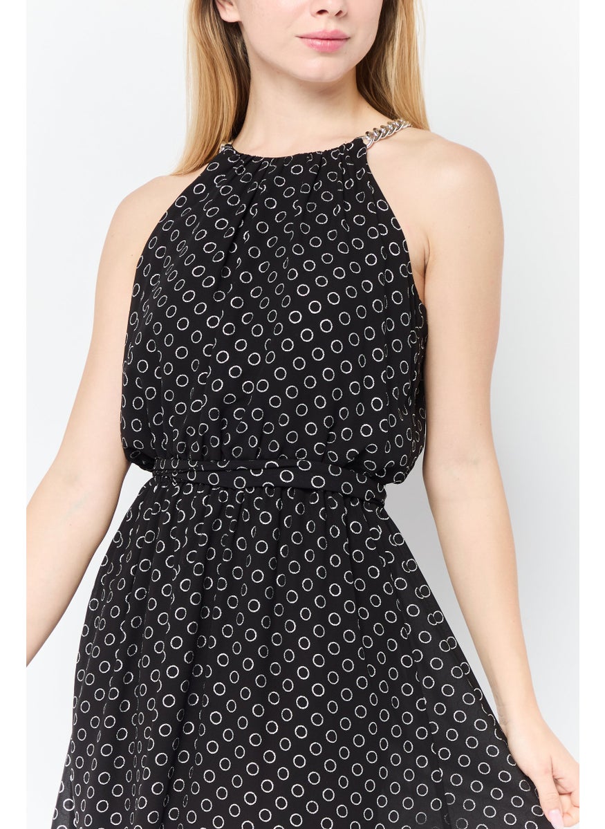 Women Polka Dots Chiffon Dress, Black/Silver