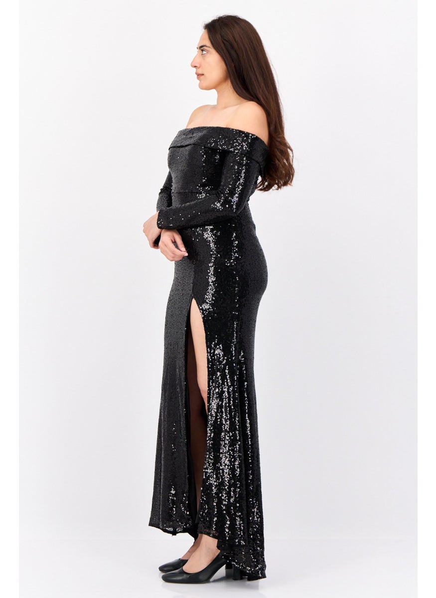 Women Sequined Maxi Dess, Black